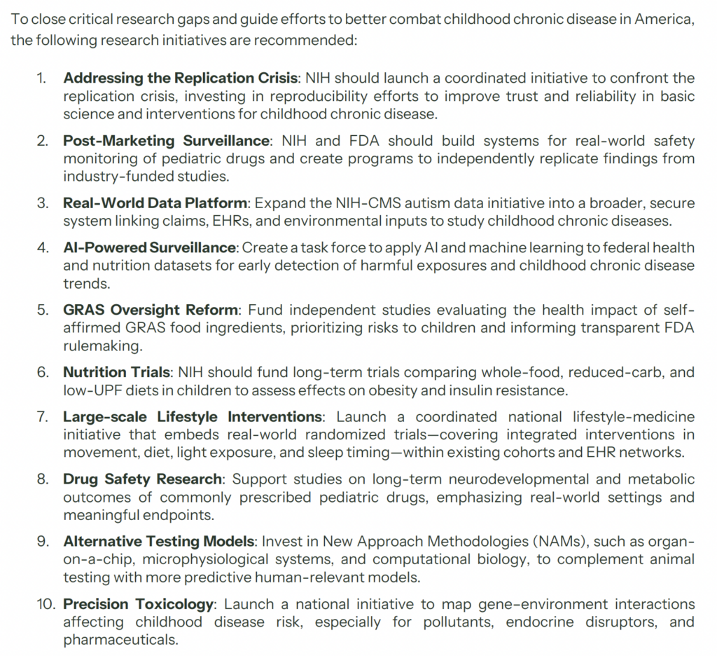 Screenshot of a list titled "To close critical research gaps and guide efforts to better combat childhood chronic disease in America, the following research initiatives are recommended," followed by ten numbered research strategy summaries.