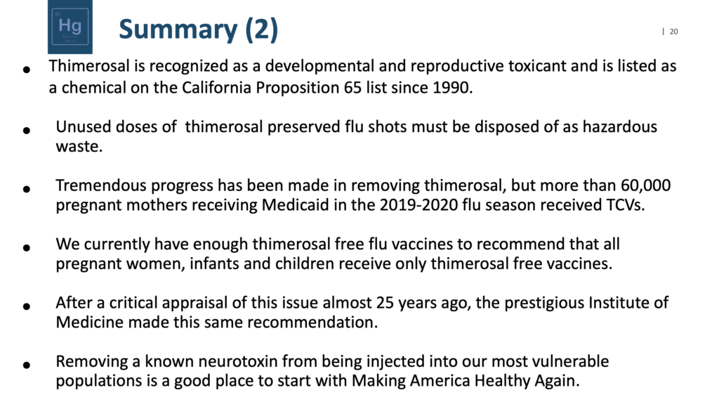 Slide titled "Summary (2)" with bullet points discussing thimerosal as a toxicant, progress in removing it from vaccines, safe disposal of flu shots with thimerosal, and recommendations from medical authorities.