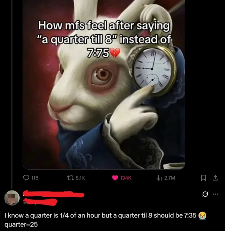 Illustration of a rabbit confused about the time, holding a clock with the text: "How mfs feel after saying 'a quarter til 8' instead of 7:45."