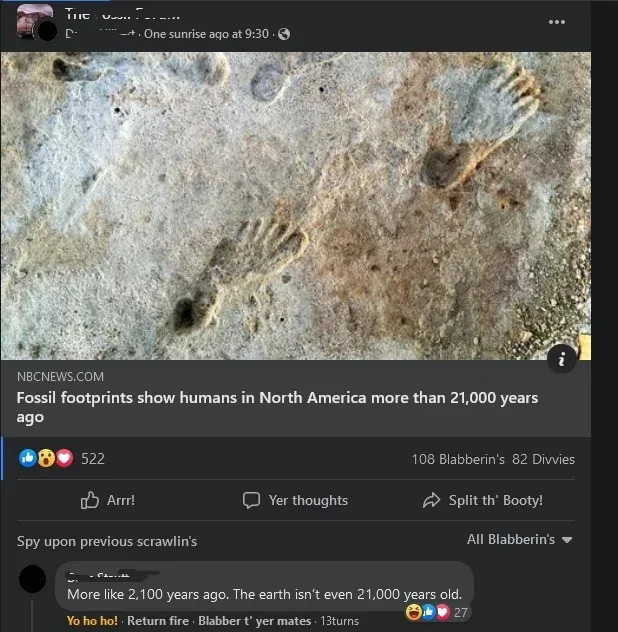 Facebook post about fossil footprints in North America over 21,000 years ago, with humorous comments questioning Earth's age