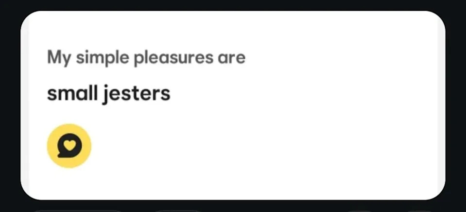 The text humorously states: "My simple pleasures are small jesters."