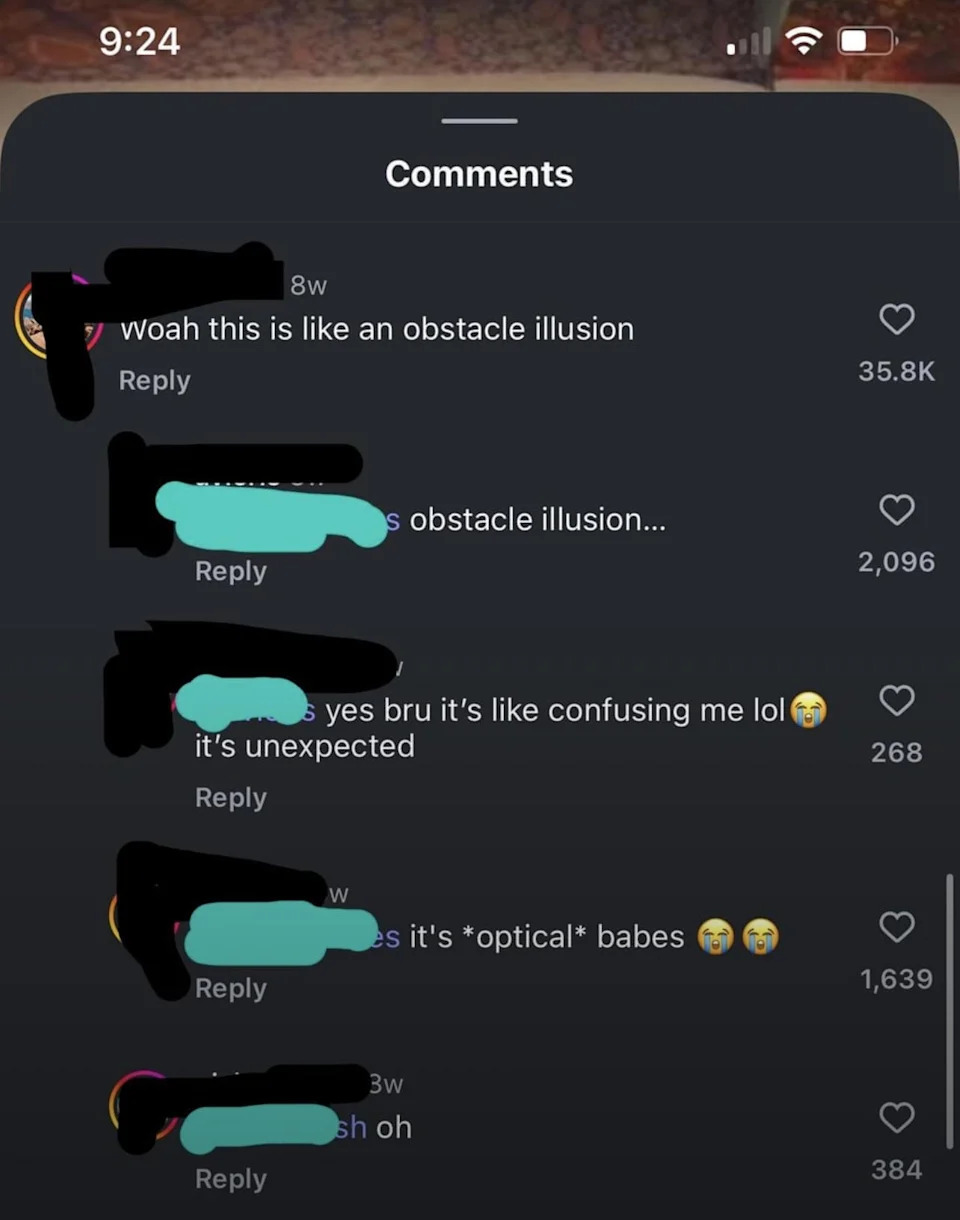 Social media post comments discuss an "obstacle illusion," with one correcting it to "optical," sparking humorous reactions