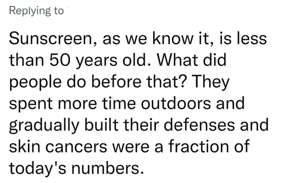 Text about sunscreen history and outdoor activity leading to natural defenses, contrasting with modern skin cancer rates