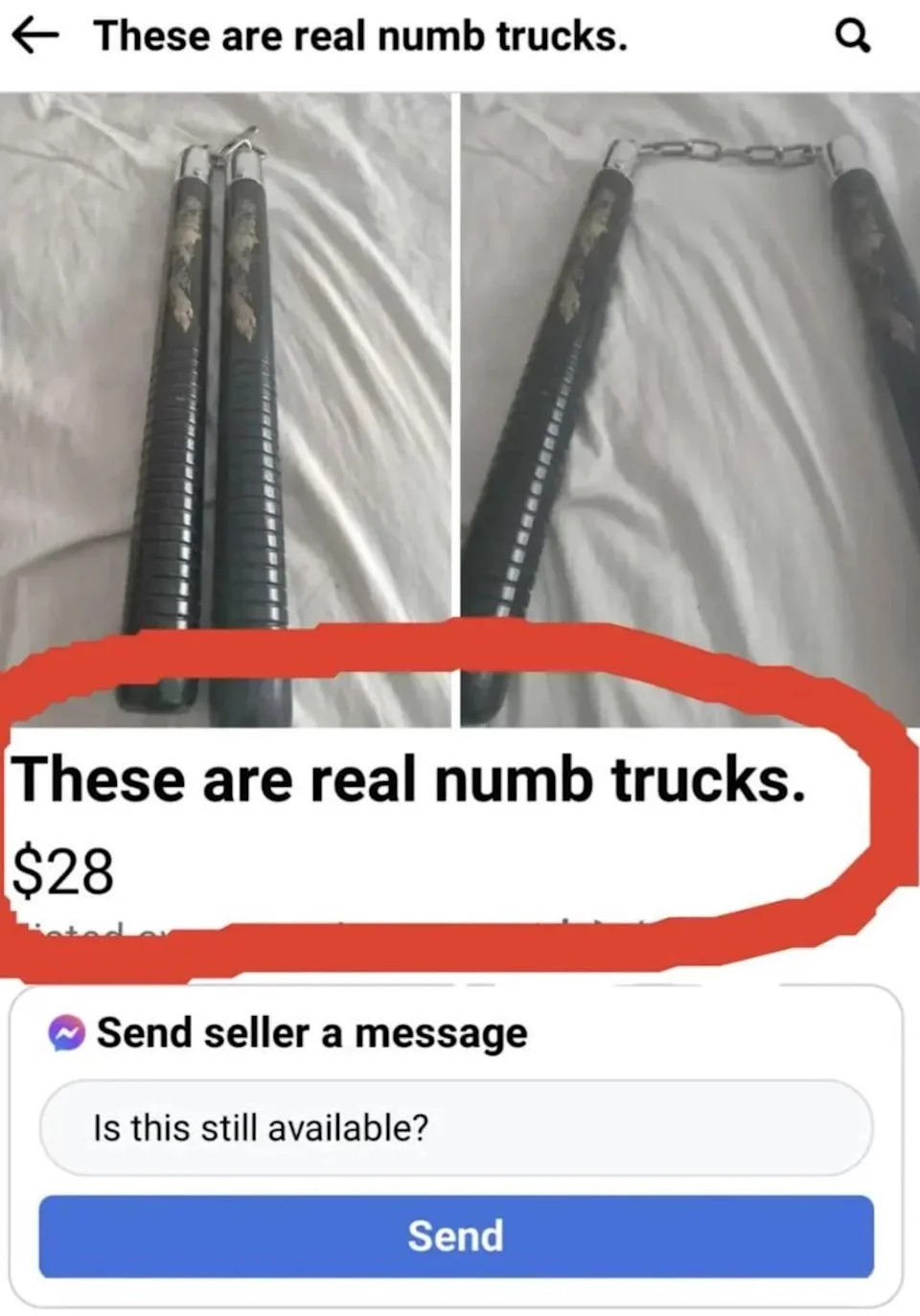 Image showing two nunchucks listed for sale with a labeling error, mistakenly called "numb trucks."