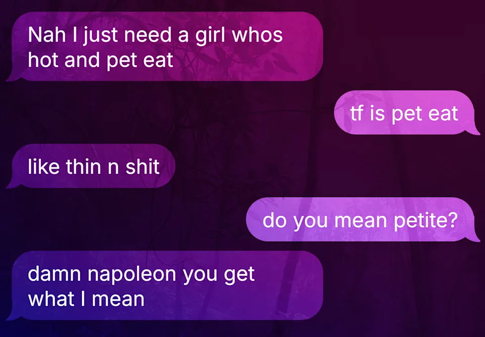 Text conversation with humorous misunderstanding about "petite."