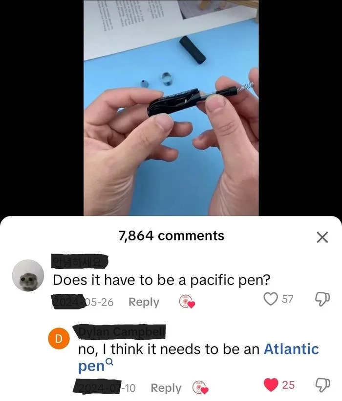 A person is assembling a pen. Comment below discusses the type of pen needed, humorously suggesting "Atlantic" instead of "Pacific."