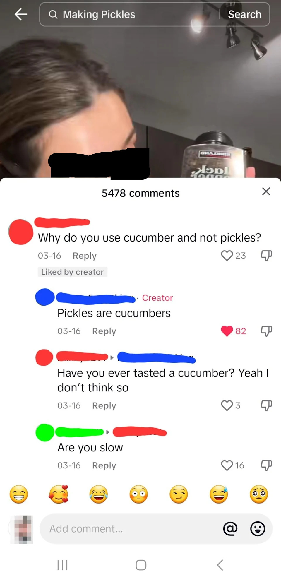 Screenshot of a social media comment section discussing whether cucumbers are used to make pickles, featuring humorous and confused replies