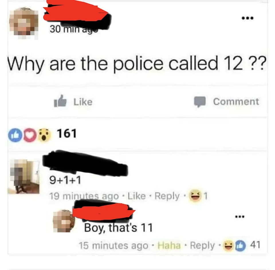 A Facebook post questioning why police are referred to as "12" with a humorous reply incorrectly adding 9+1+1 to make 11