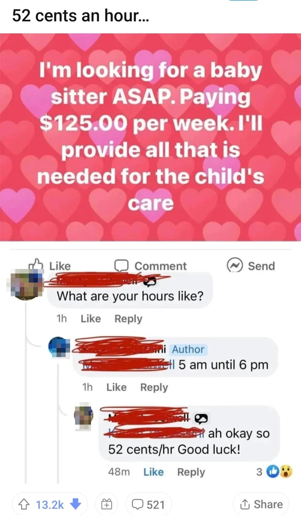 Screenshot of a Facebook post offering $125 per week for babysitting, with a comment pointing out the equivalent of 52 cents per hour pay