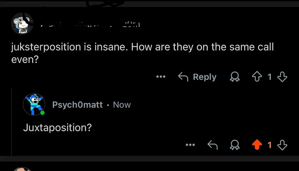 Screenshot of a Reddit exchange correcting a spelling error: "juksterposition" to "juxtaposition."