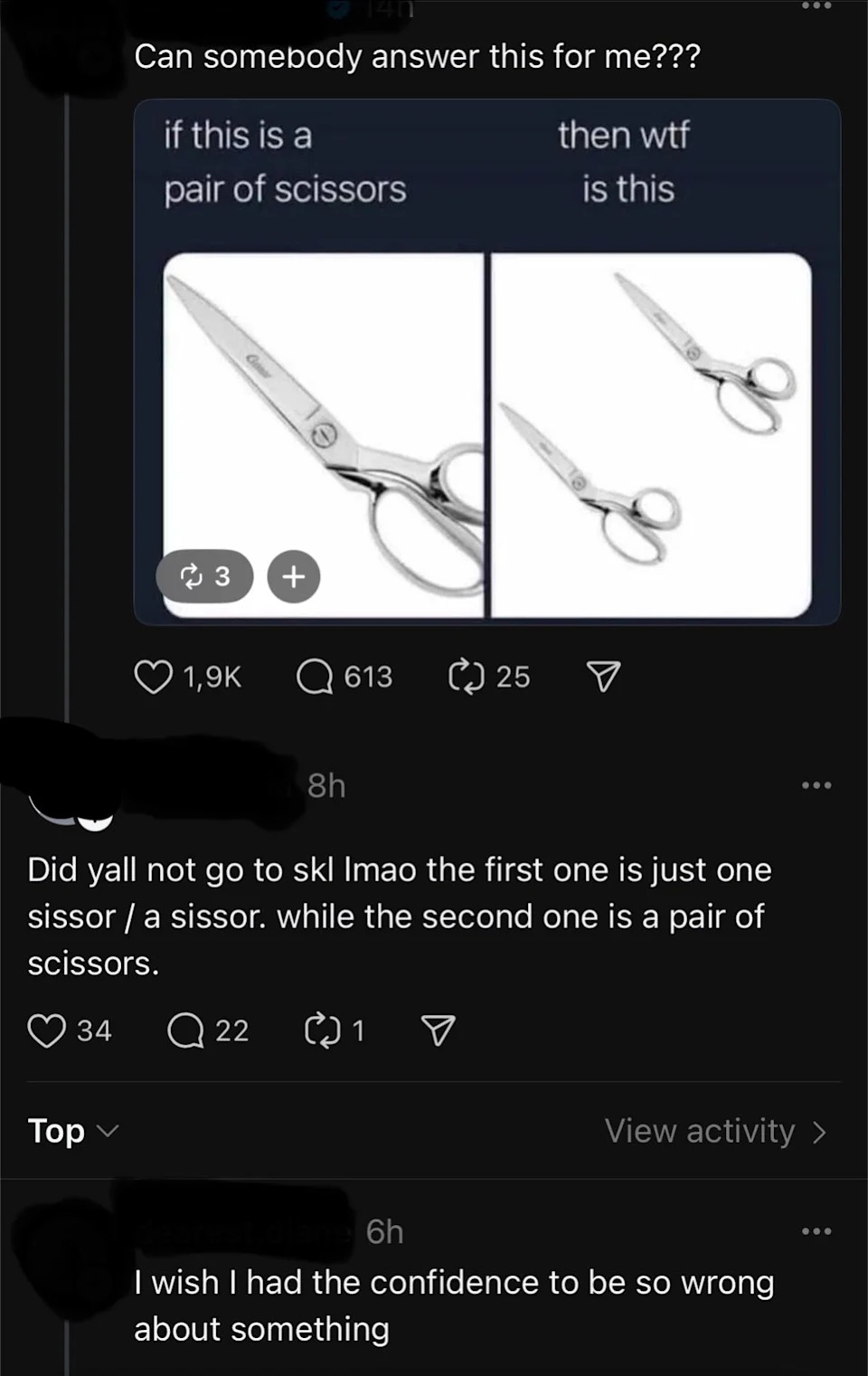 Meme questioning why "scissors" is plural shows an image of one versus two scissors. Comments joke about grammar and confidence in being wrong