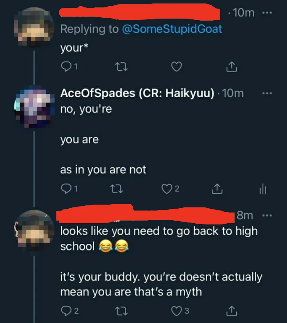 A humorous Twitter exchange about grammar correction involving "your" vs. "you are," ending with a joke about needing to return to school