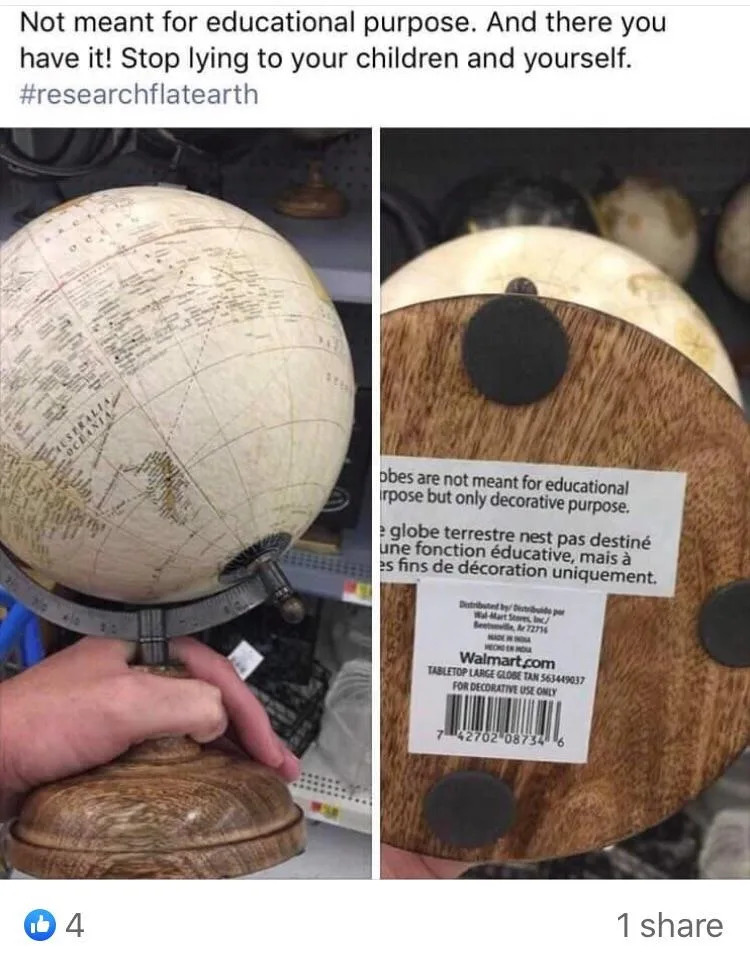 A globe with a sticker stating it's for decorative purposes, not educational, is shown alongside a caption questioning the globe's purpose