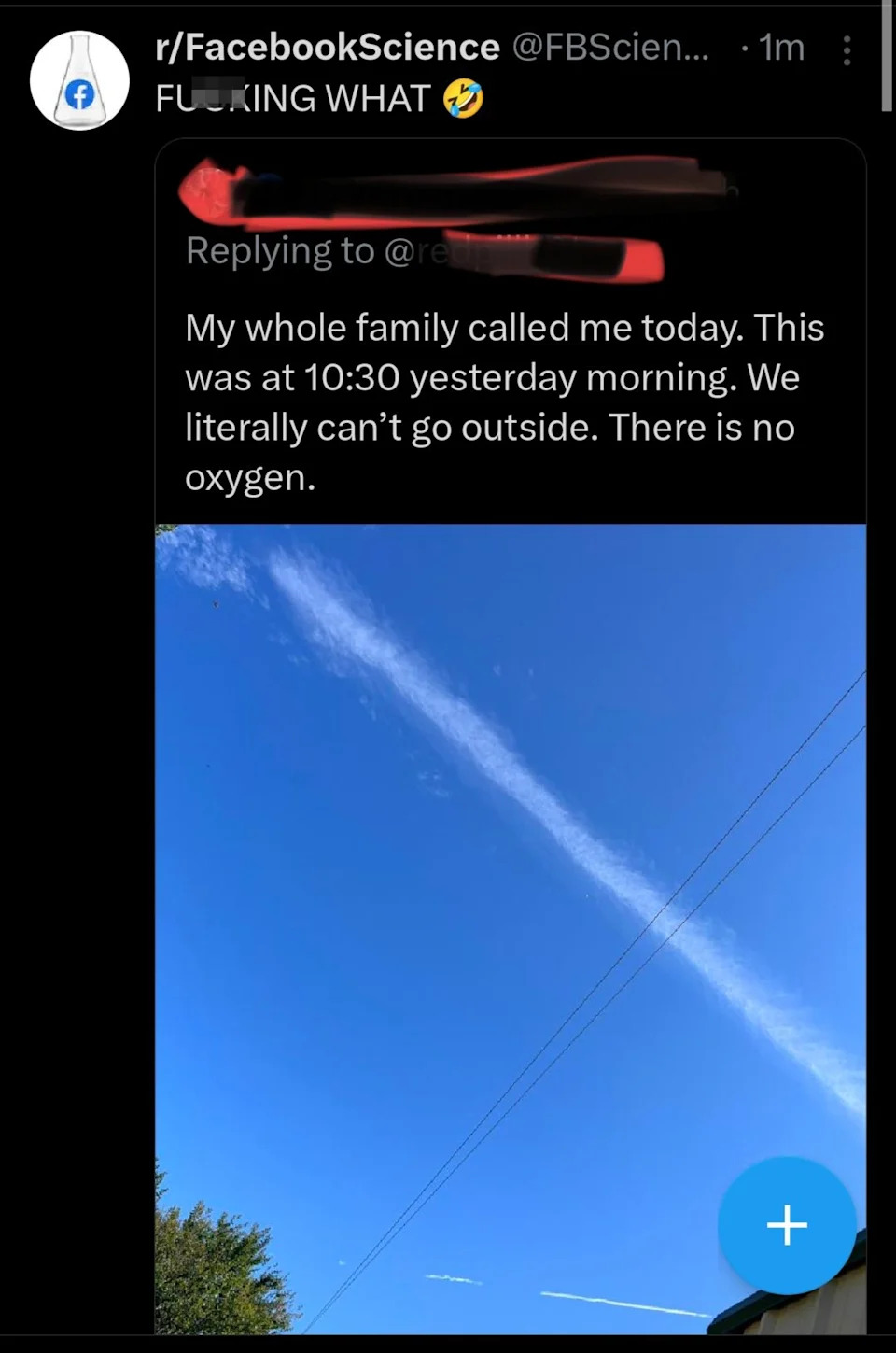 Screenshot of a social media post showing a contrail in a blue sky with text expressing disbelief