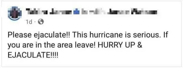 Facebook post warning about a hurricane with a humorous autocorrection error urging people to "ejaculate" instead of evacuate