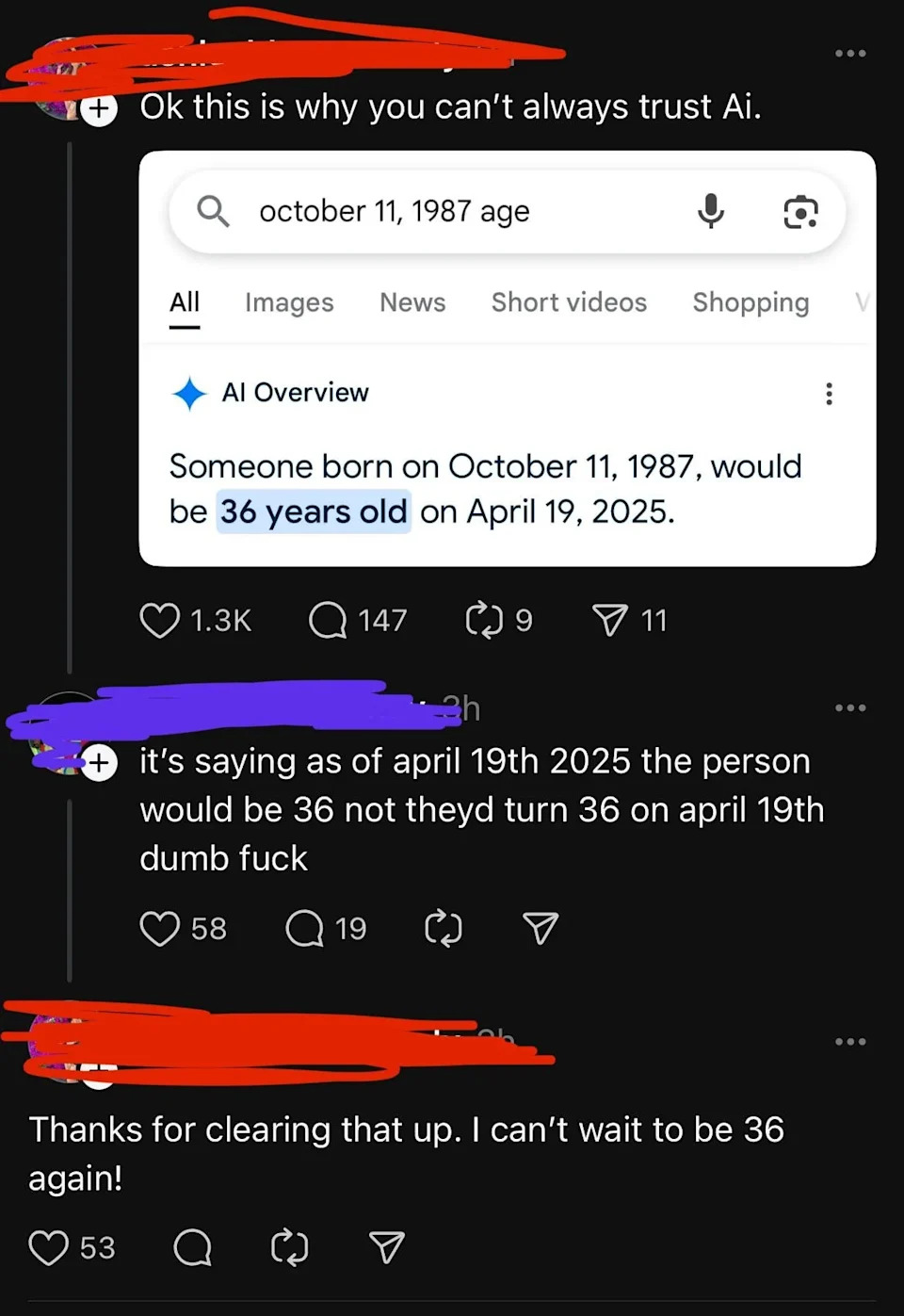 Social media exchange about AI miscalculating someone's age, with users humorously discussing turning 36 twice