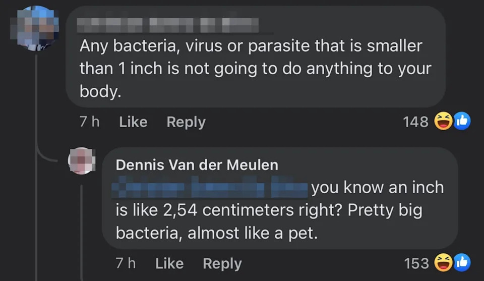 Comment exchange about size misconceptions: one suggests under 1 inch isn't harmful, the other clarifies an inch is 2.54 cm, calling it a large bacteria