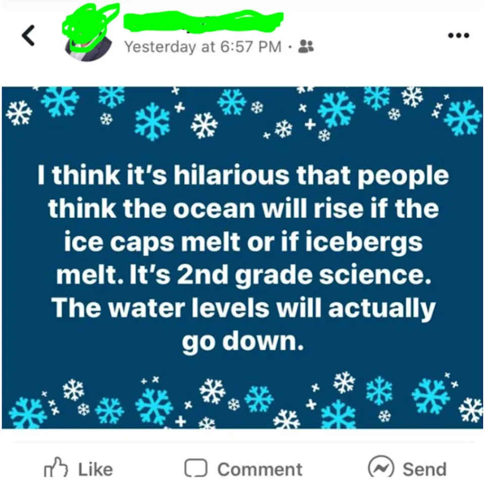 Social media post with snowflake border humorously claims that melting icebergs will lower ocean levels, calling it "2nd grade science."