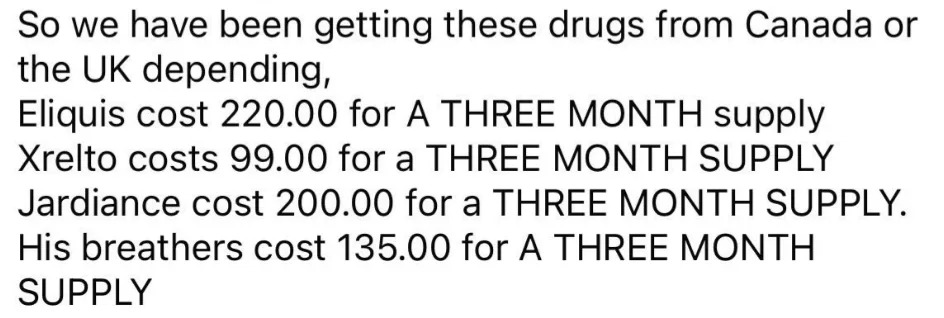 Summary of medication costs for a three-month supply from Canada or the UK: Eliquis $220, Xarelto $99, Jardiance $200, Breather $135