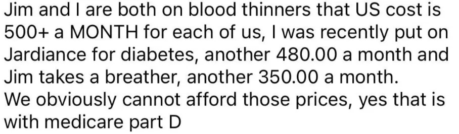 Text discussing high costs of medications, mentioning blood thinners costing over $500 each per month, and additional expenses with Medicare Part D