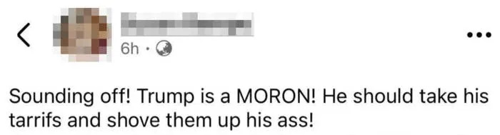 Facebook post criticizing Trump and tariffs, using derogatory language