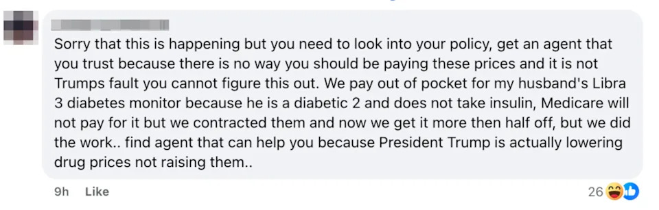 Summary of a Facebook comment discussing issues with policy regarding diabetes monitor costs, mentioning Medicare, President Trump, and seeking assistance