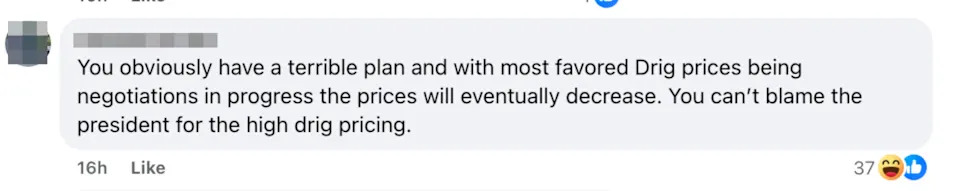 Facebook comment criticizing a plan, mentioning favored drug price negotiations