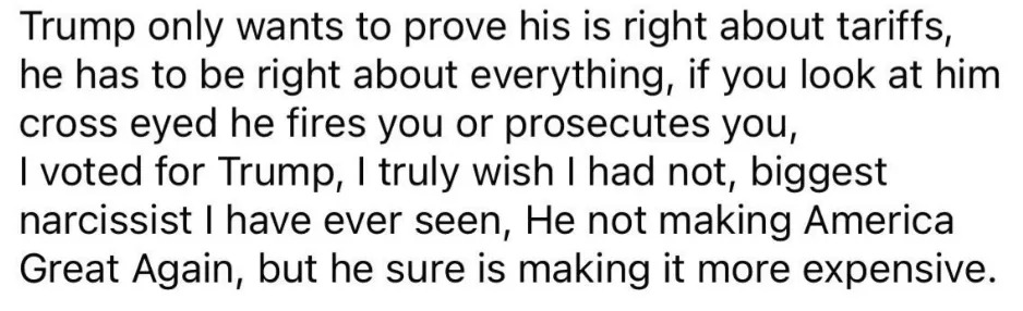 Text criticizing Trump's actions and impact, mentioning regret over voting for him