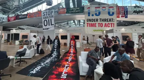 Activists hang banners off a balcony in the COP venue