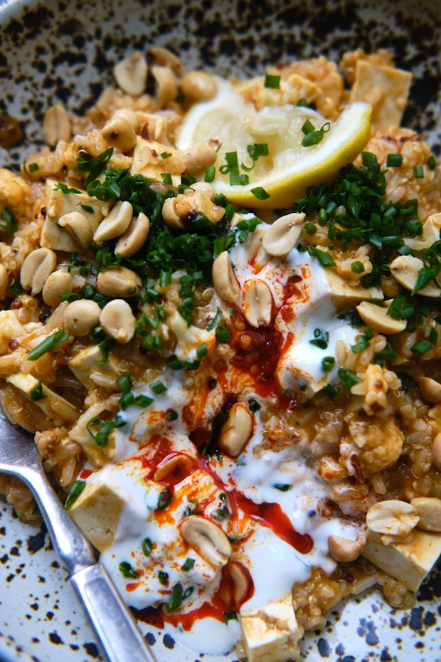 Indian-spiced Rice with Cauliflower and Tofu in a bowl
