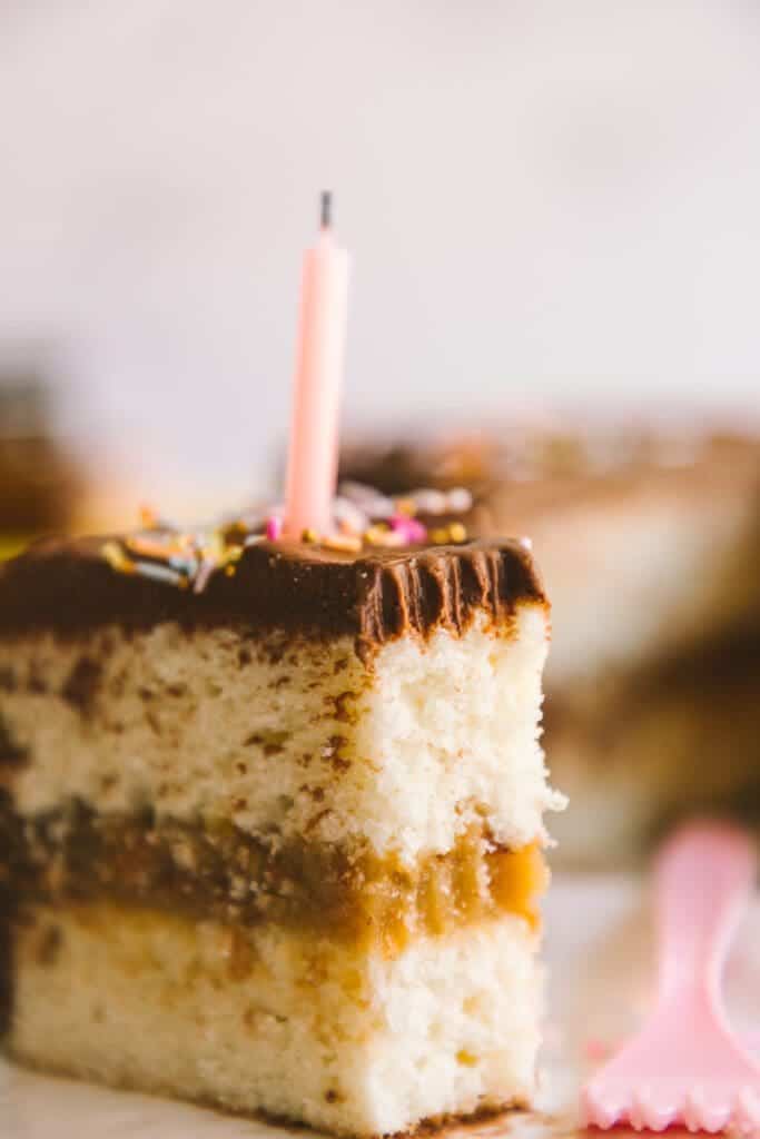 a perfect fork slice out of a slice of vintage birthday cake
