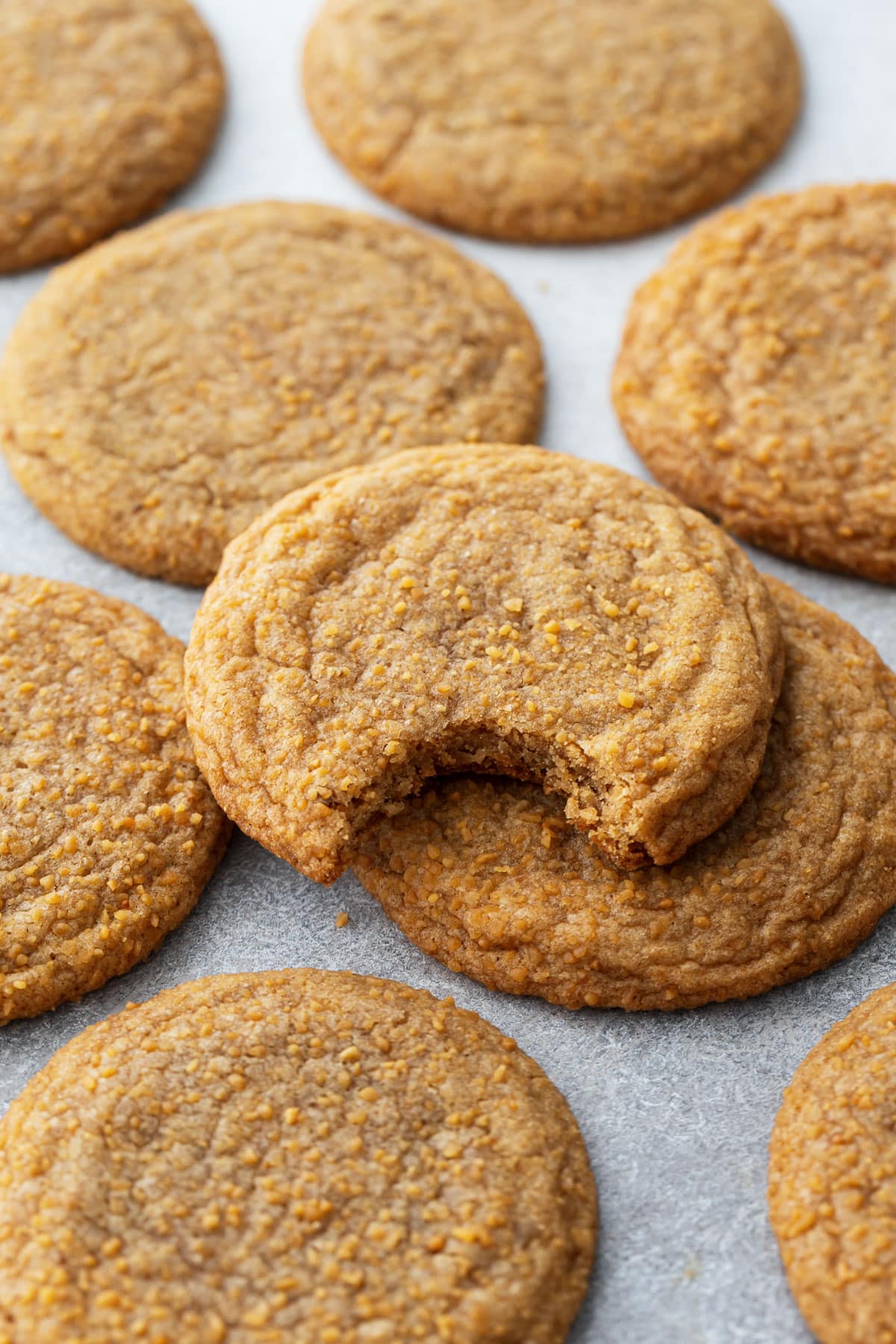 Chewy Maple Brown Butter Sugar Cookies on a gray background, one with a bite taken out of it sitting on top.