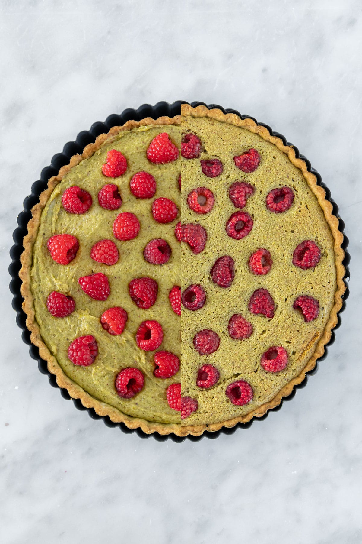 Split screen showing before and after baking of the pistachio raspberry frangipane tart.