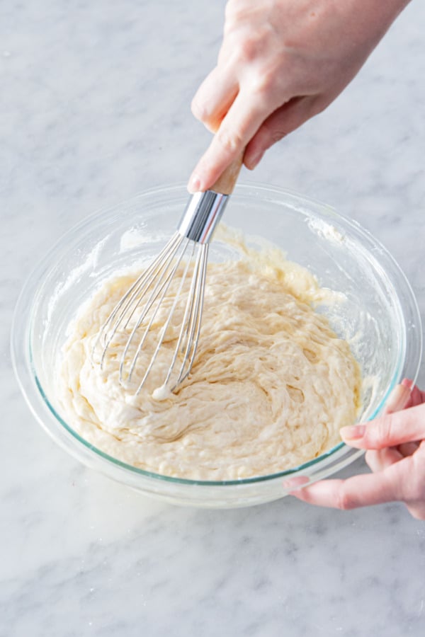 Once the eggs are fully combined the batter will be thick and a bit lumpy.