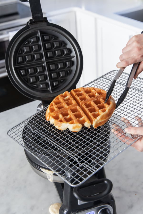 After cooking, the sourdough waffles will be deep golden brown and cooked through.
